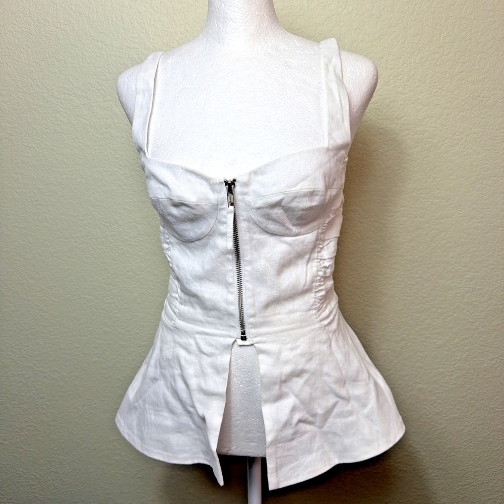 Reformation Truro Top 0 White Linen Zip Front Corset Bustier Peplum Tank